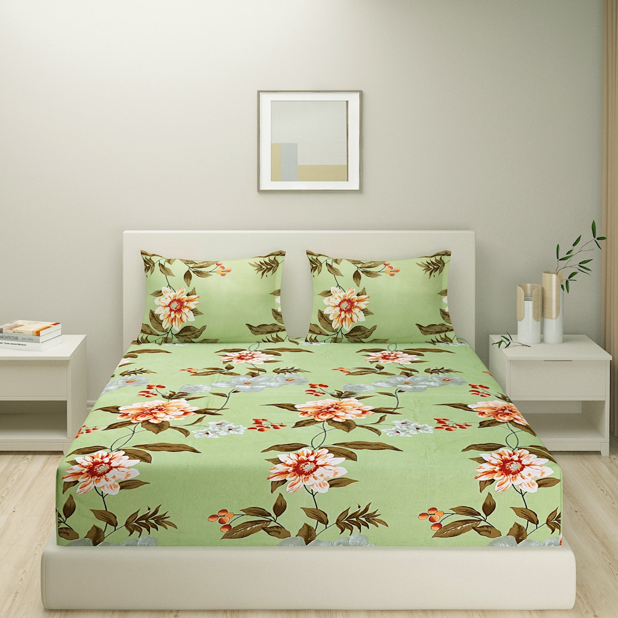 Blended Cotton Double Queen Bedsheet with Pillow cover - Floral Design, Green