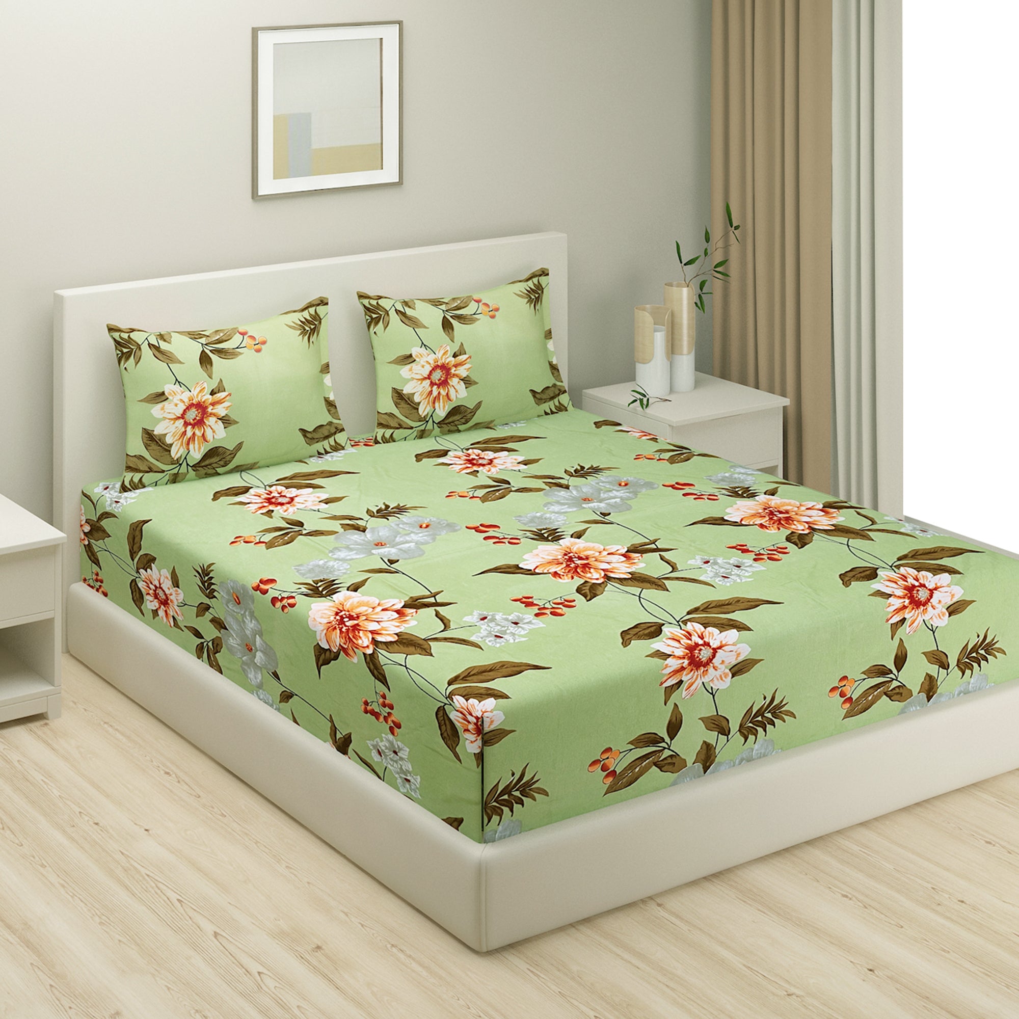 Blended Cotton Double Queen Bedsheet with Pillow cover - Floral Design, Green