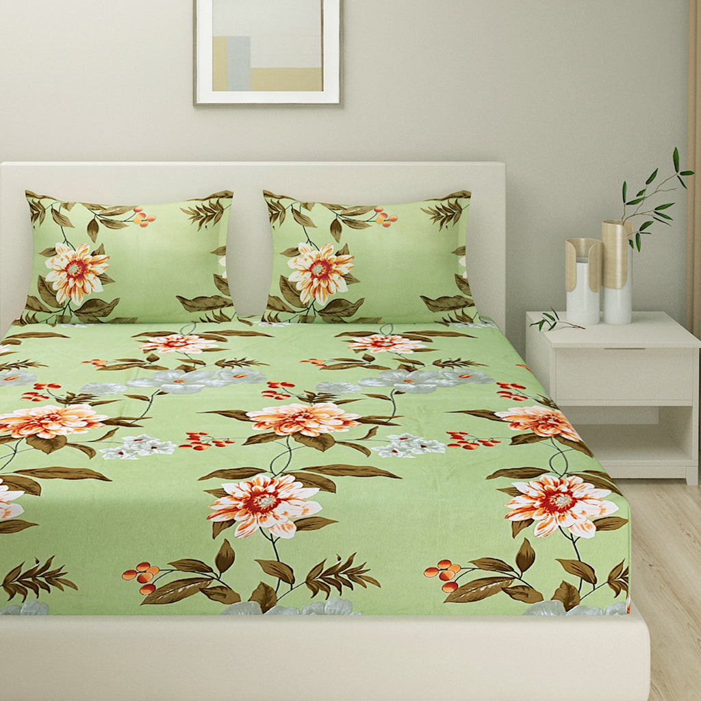 Blended Cotton Double Queen Bedsheet with Pillow cover - Floral Design, Green