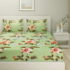 Blended Cotton Double Queen Bedsheet with Pillow cover - Floral Design, Green