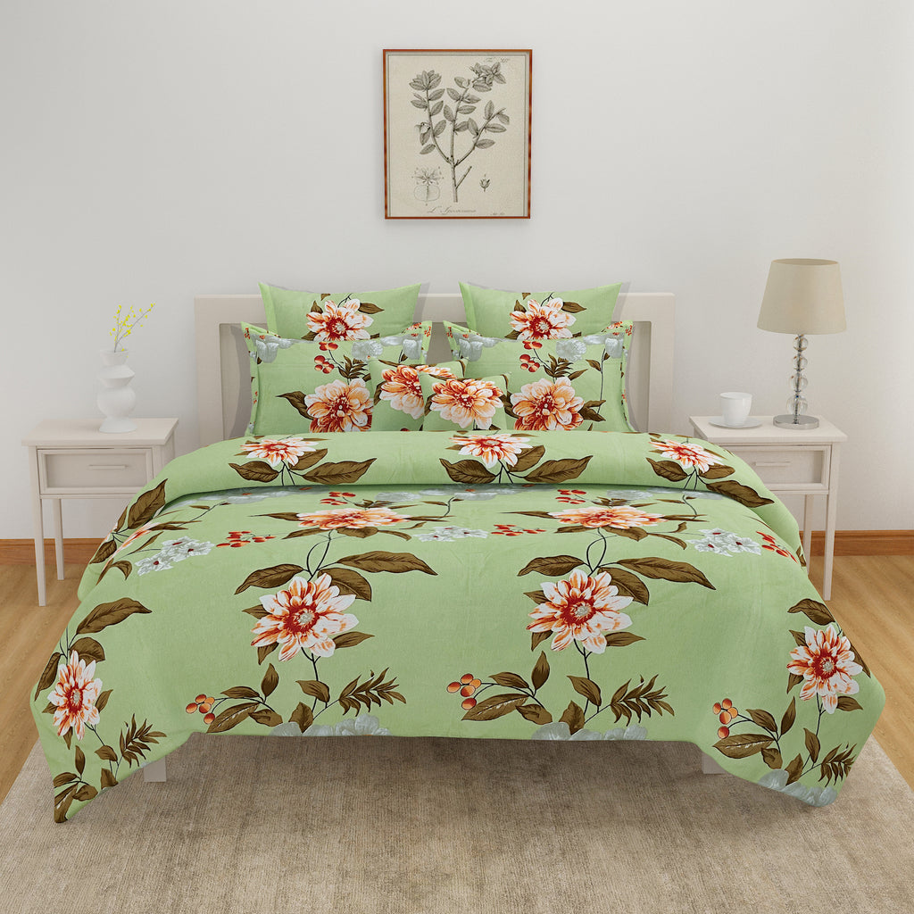 Blended Cotton Double Queen Bedsheet with Pillow cover - Floral Design, Green