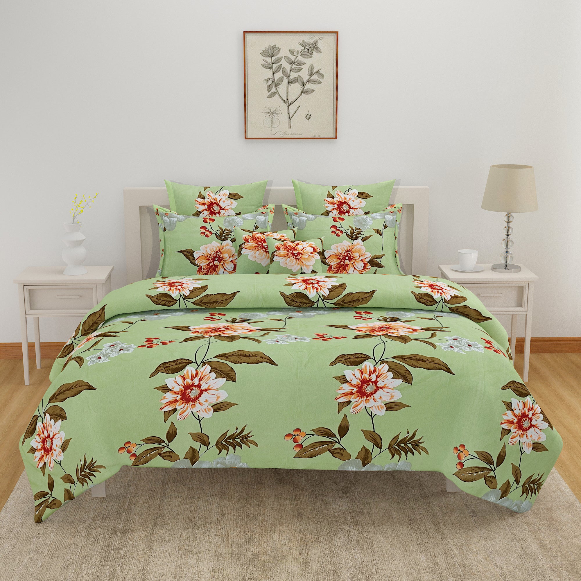 Blended Cotton Double Queen Bedsheet with Pillow cover - Floral Design, Green