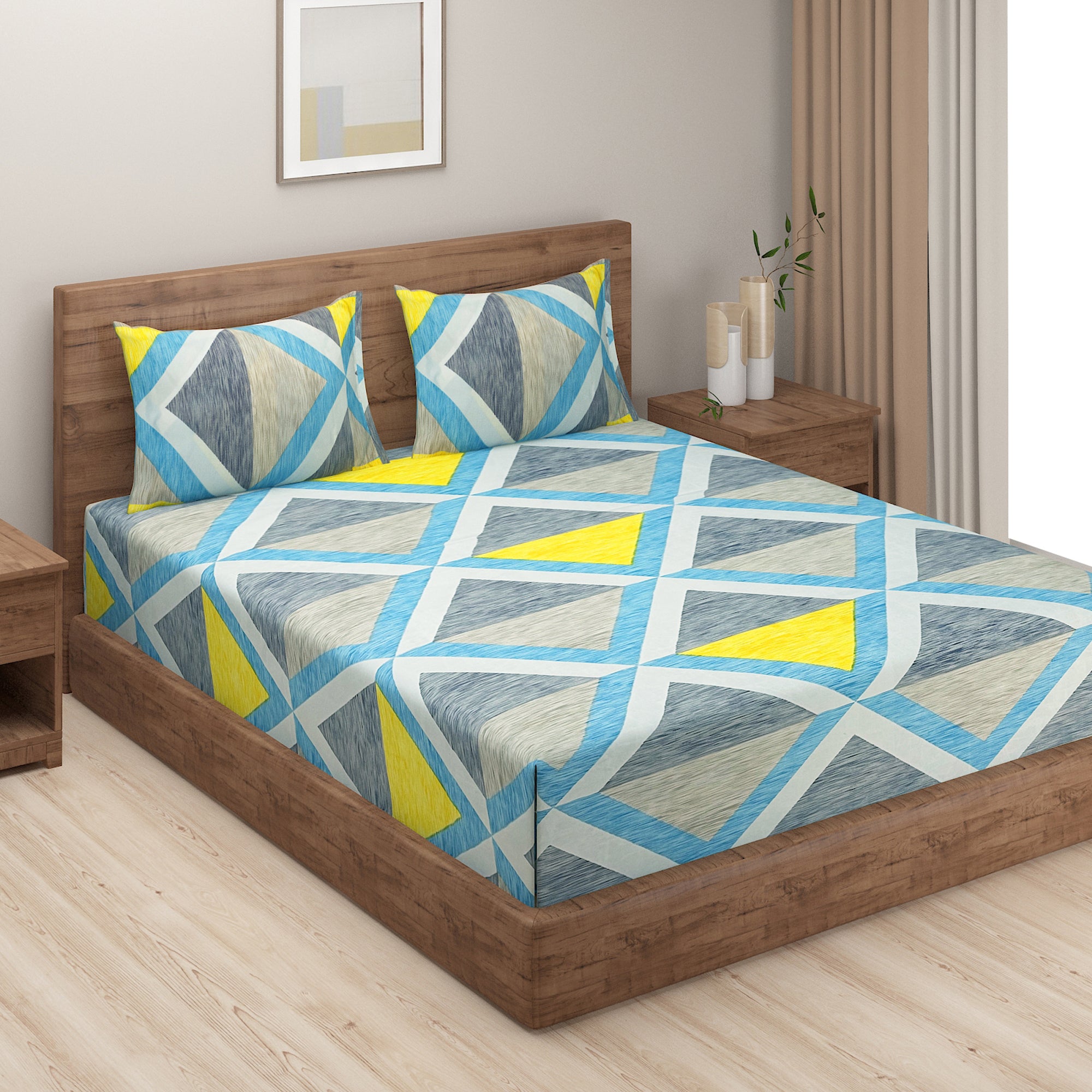 Geometric Skyline Double Queen Bedsheet - Modern Abstract Design in Blue & Yellow