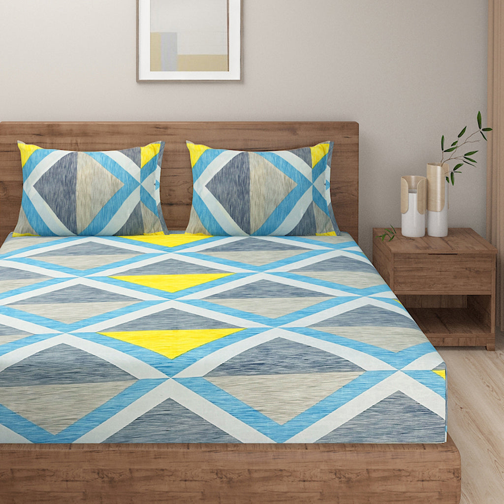 Geometric Skyline Double Queen Bedsheet - Modern Abstract Design in Blue & Yellow