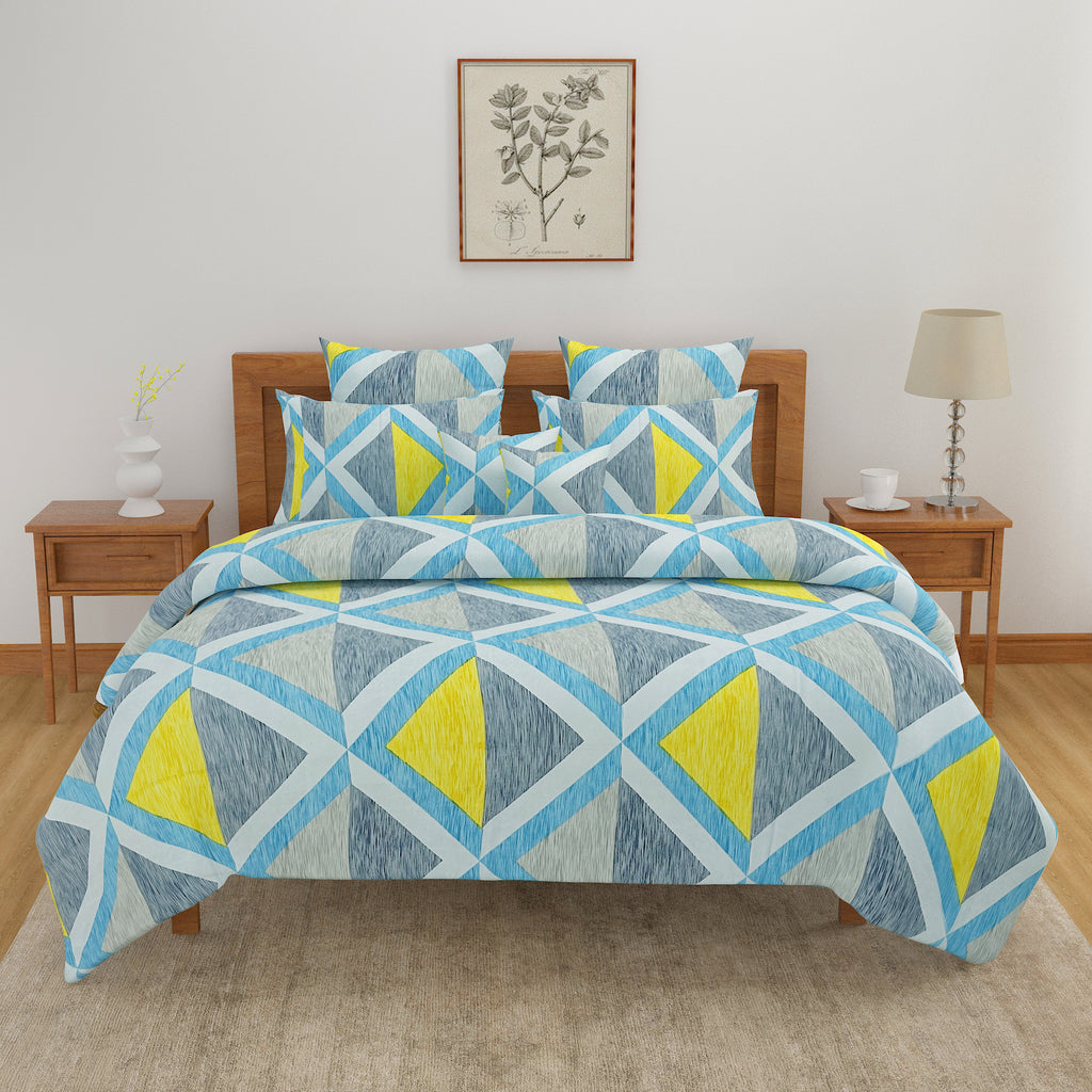 Geometric Skyline Double Queen Bedsheet - Modern Abstract Design in Blue & Yellow