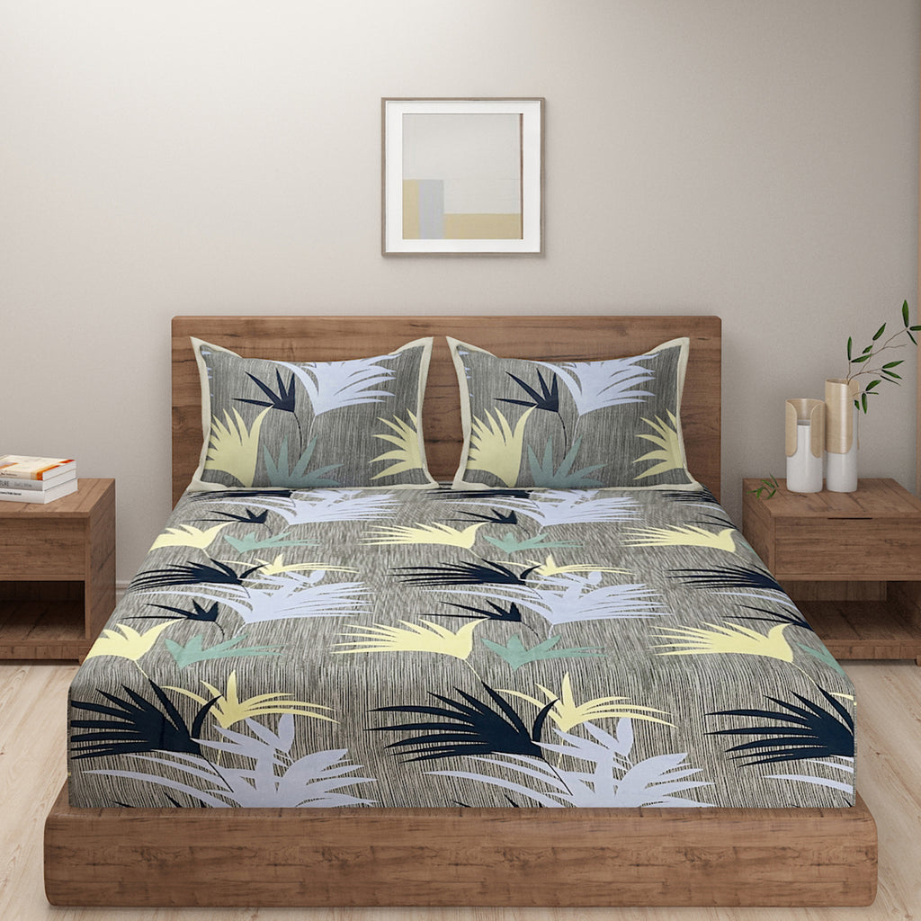 Tropical Breeze Double Queen Bedsheet - Soft Pastel Palm Leaf Pattern for a Fresh, Modern Look