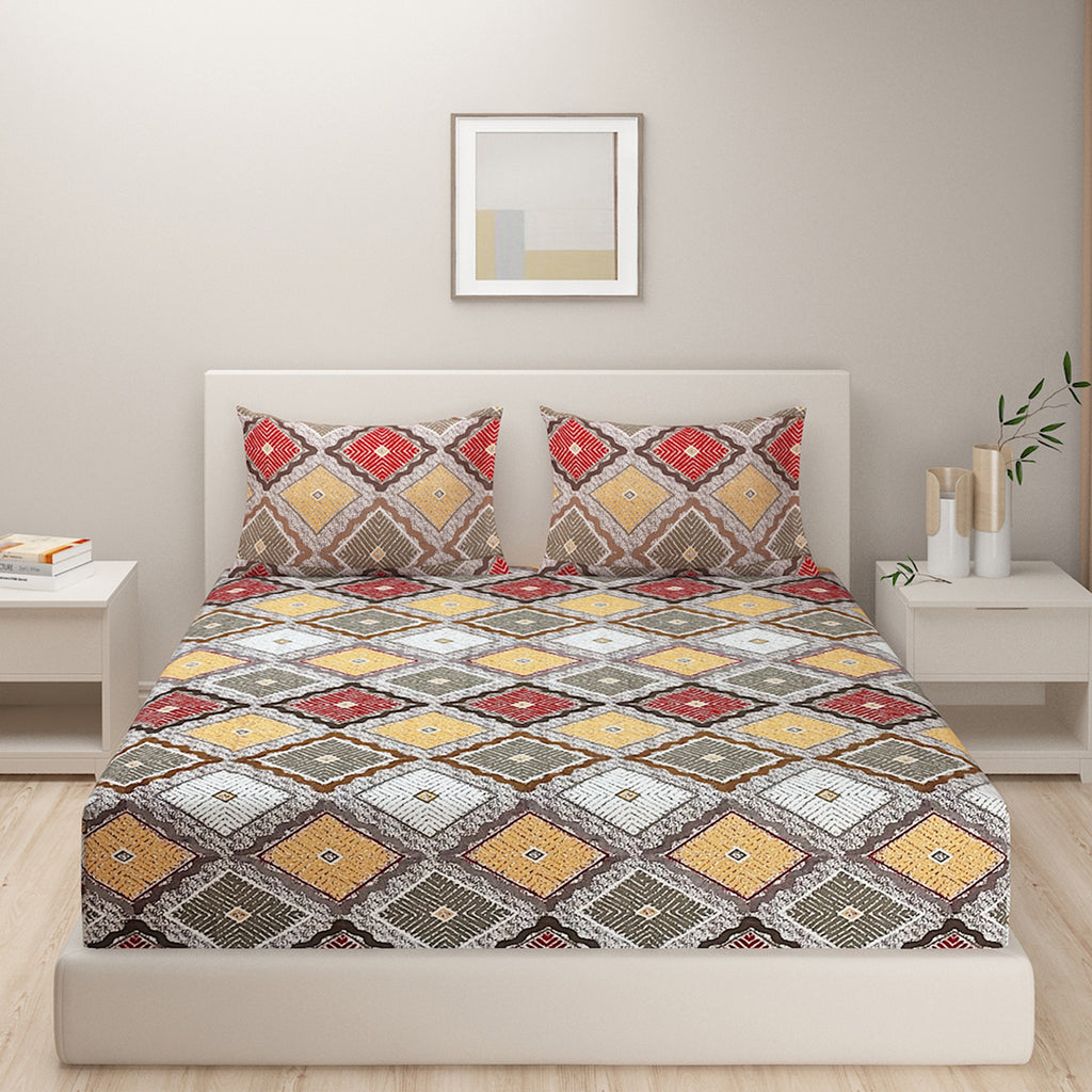 Tribal Mosaic Diamond Double Queen Bedsheet - Vibrant Multicolor Geometric Charm