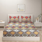 Tribal Mosaic Diamond Double Queen Bedsheet - Vibrant Multicolor Geometric Charm