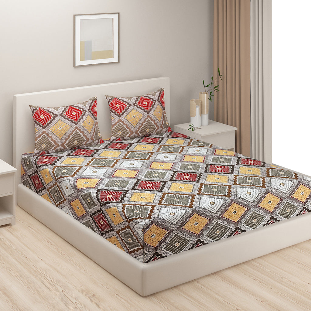 Tribal Mosaic Diamond Double Queen Bedsheet - Vibrant Multicolor Geometric Charm