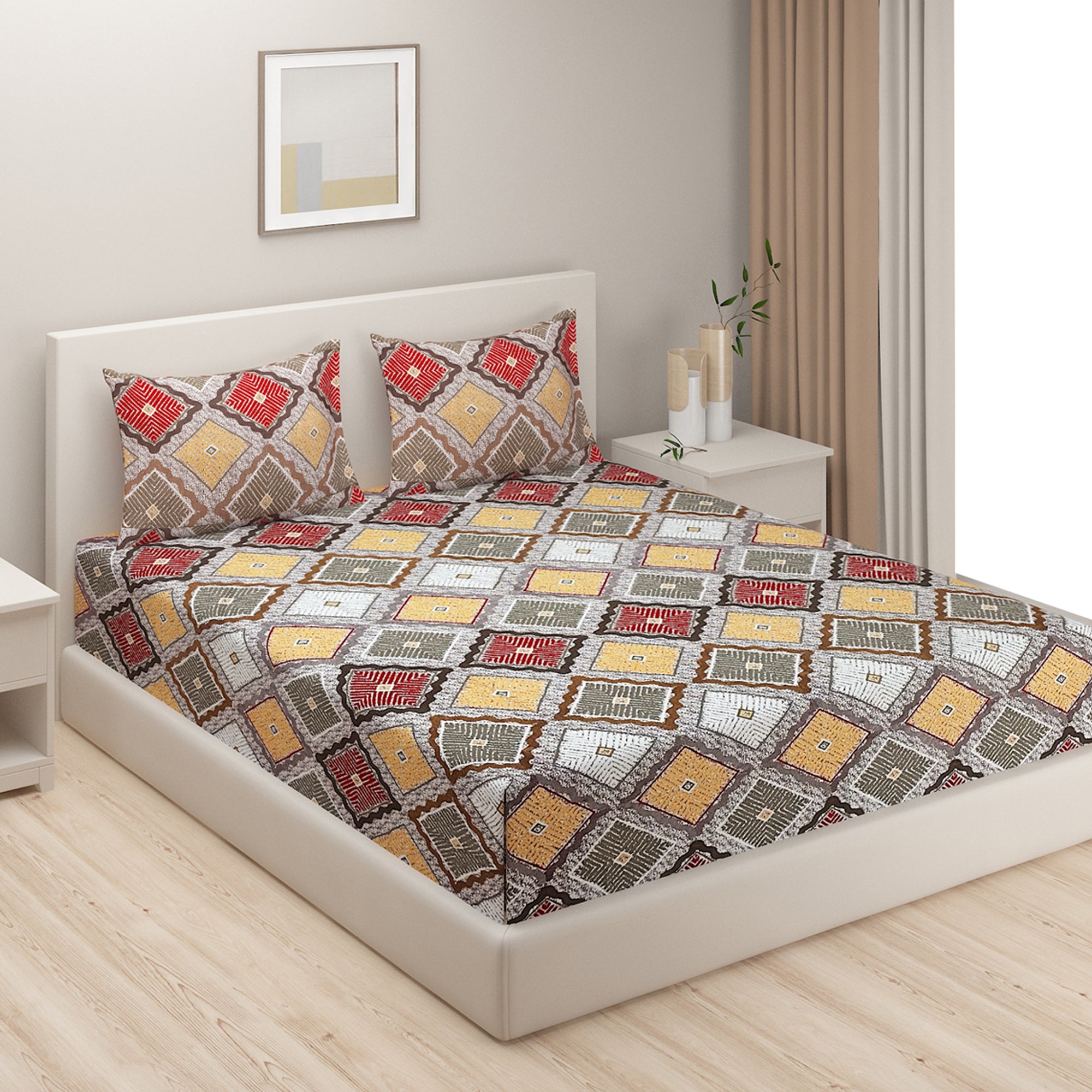 Tribal Mosaic Diamond Double Queen Bedsheet - Vibrant Multicolor Geometric Charm