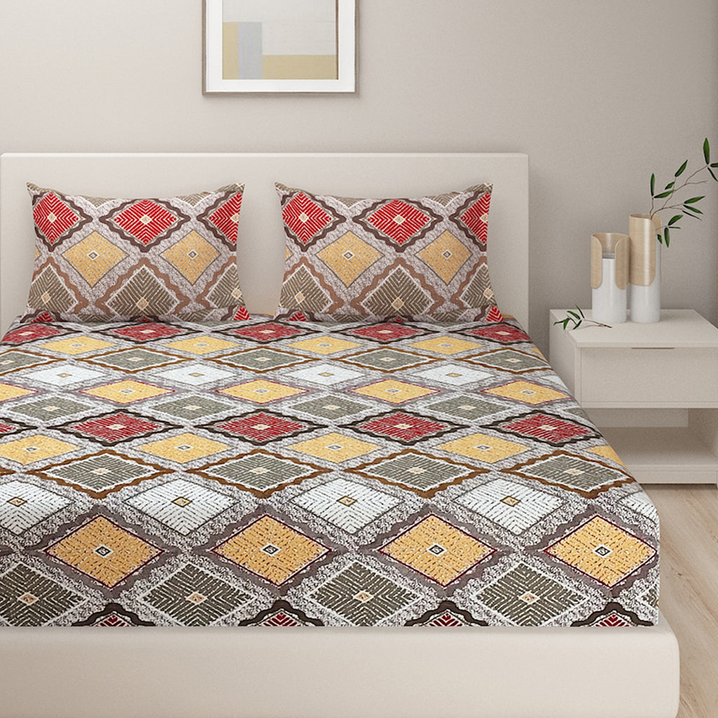 Tribal Mosaic Diamond Double Queen Bedsheet - Vibrant Multicolor Geometric Charm