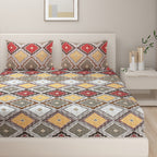Tribal Mosaic Diamond Double Queen Bedsheet - Vibrant Multicolor Geometric Charm