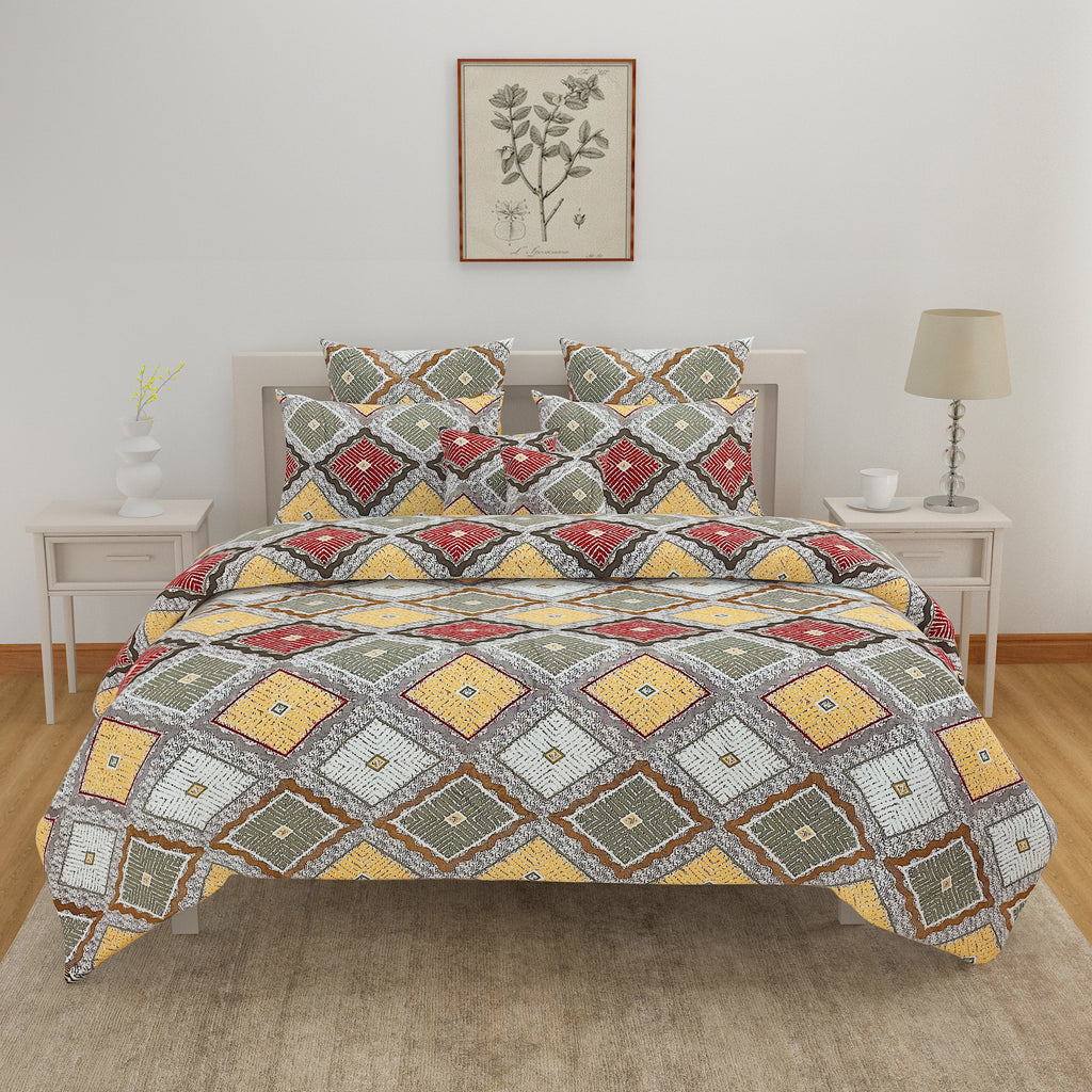 Tribal Mosaic Diamond Double Queen Bedsheet - Vibrant Multicolor Geometric Charm
