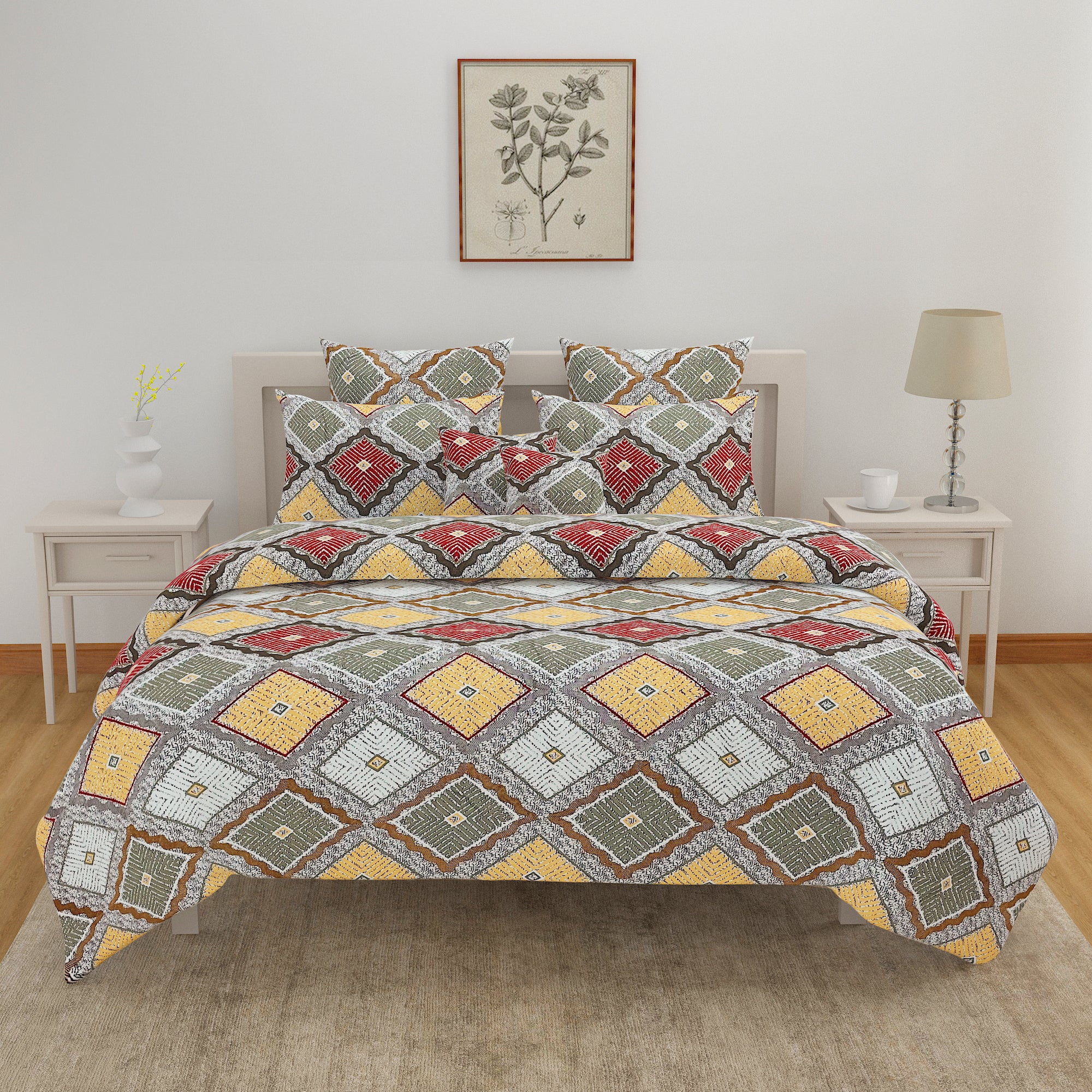 Tribal Mosaic Diamond Double Queen Bedsheet - Vibrant Multicolor Geometric Charm