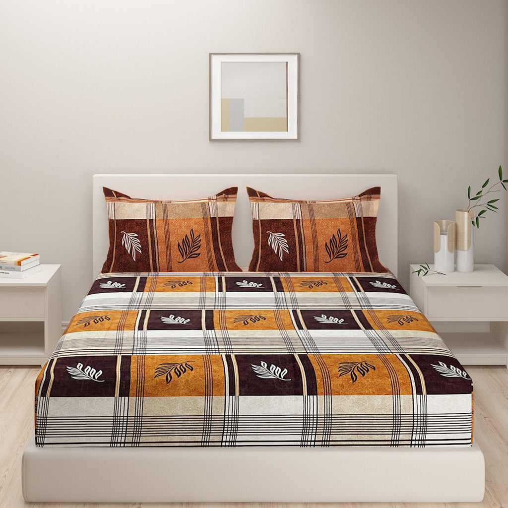 Rustic Plaid Leaf Double Queen Bedsheet - Warm Brown & Mustard Checks with Modern Leaf Accents