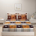 Rustic Plaid Leaf Double Queen Bedsheet - Warm Brown & Mustard Checks with Modern Leaf Accents