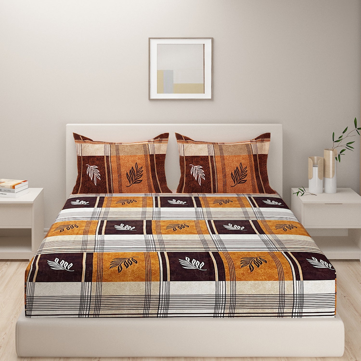 Rustic Plaid Leaf Double Queen Bedsheet - Warm Brown & Mustard Checks with Modern Leaf Accents