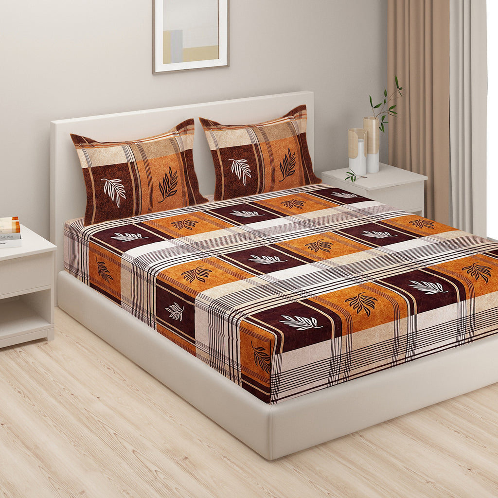 Rustic Plaid Leaf Double Queen Bedsheet - Warm Brown & Mustard Checks with Modern Leaf Accents