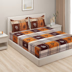 Rustic Plaid Leaf Double Queen Bedsheet - Warm Brown & Mustard Checks with Modern Leaf Accents