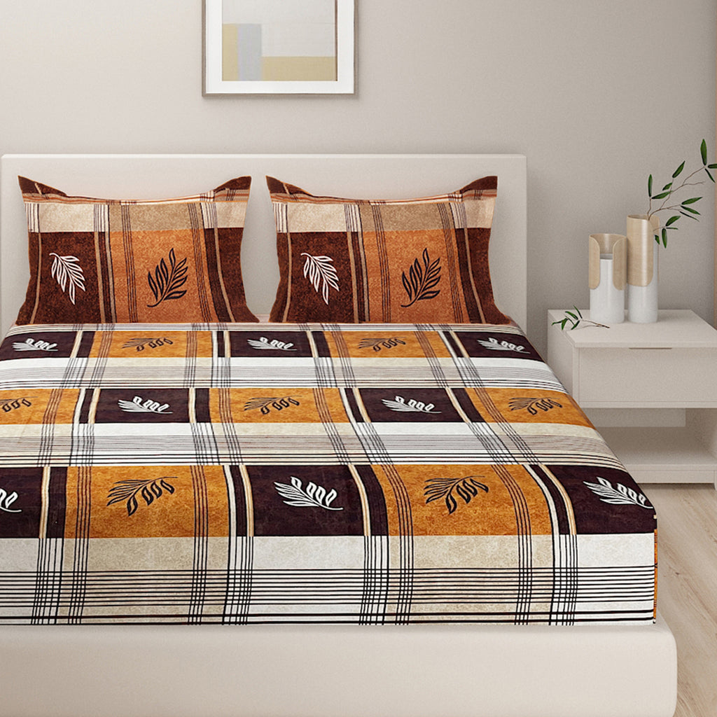Rustic Plaid Leaf Double Queen Bedsheet - Warm Brown & Mustard Checks with Modern Leaf Accents