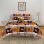 Rustic Plaid Leaf Double Queen Bedsheet - Warm Brown & Mustard Checks with Modern Leaf Accents