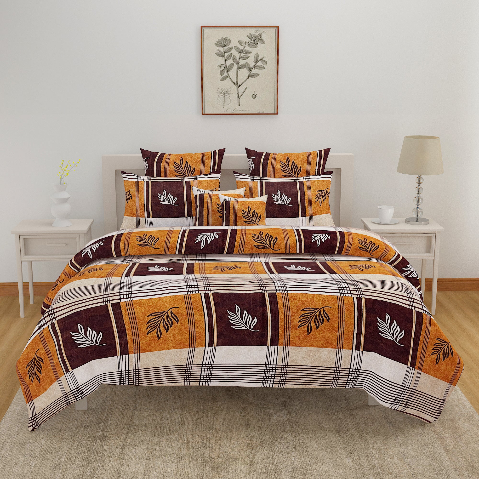 Rustic Plaid Leaf Double Queen Bedsheet - Warm Brown & Mustard Checks with Modern Leaf Accents