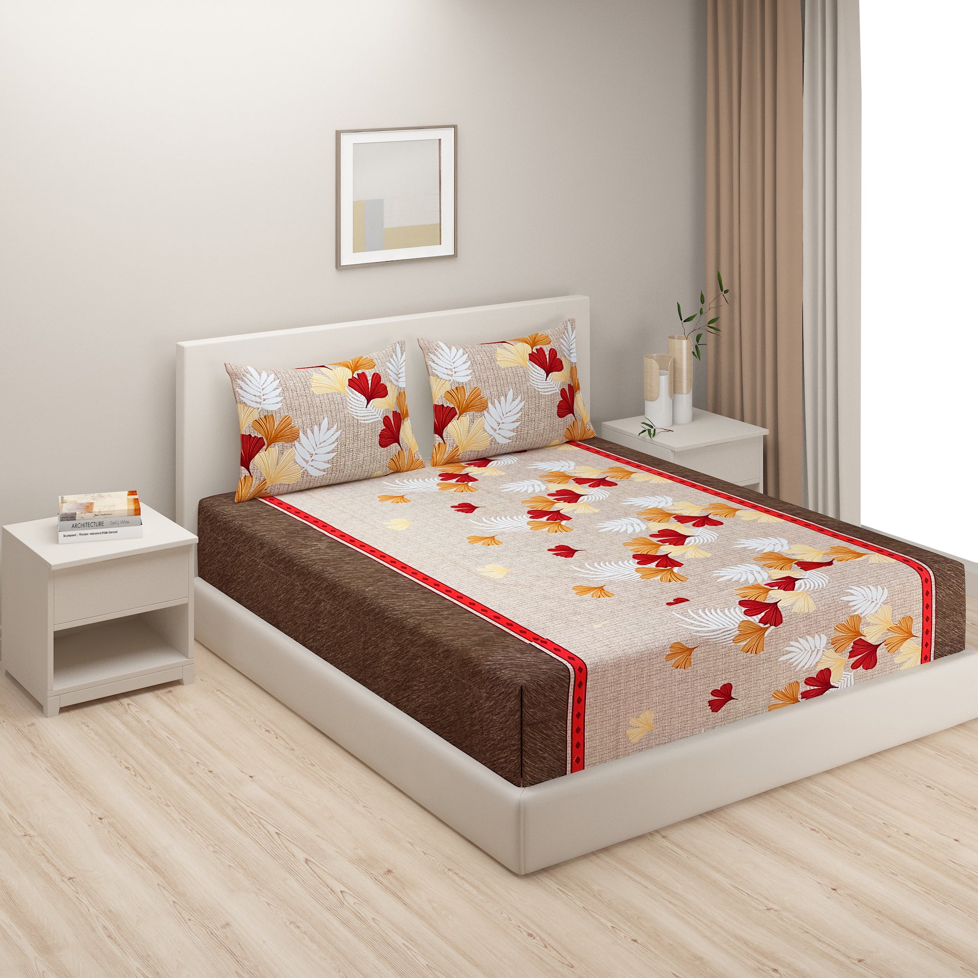 Autumn Breeze Elegance Double Queen Bedsheet - Warm Tones with Falling Leaf Motifs