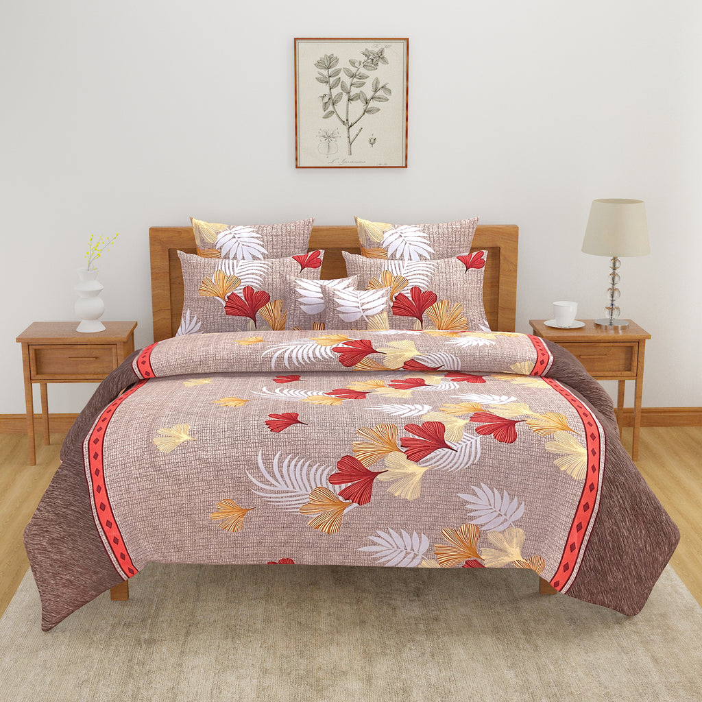 Autumn Breeze Elegance Double Queen Bedsheet - Warm Tones with Falling Leaf Motifs