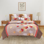 Autumn Breeze Elegance Double Queen Bedsheet - Warm Tones with Falling Leaf Motifs
