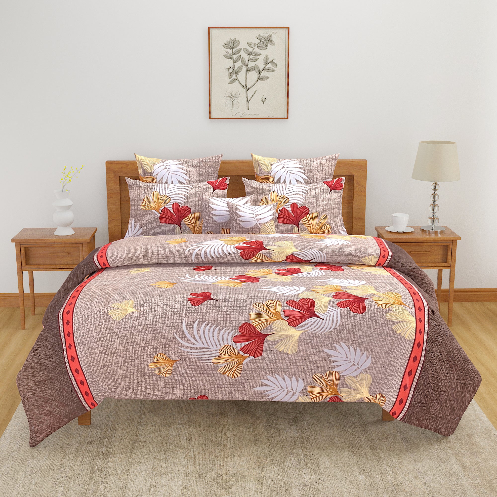 Autumn Breeze Elegance Double Queen Bedsheet - Warm Tones with Falling Leaf Motifs