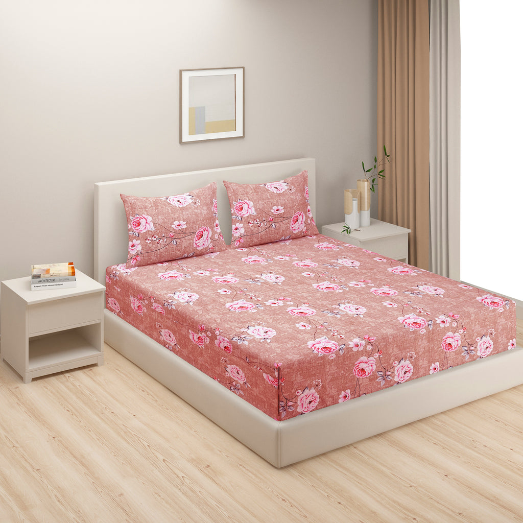 Rosy Blush Charm Double Queen Bedsheet - Soft Pink Floral Elegance for Cozy Bedrooms