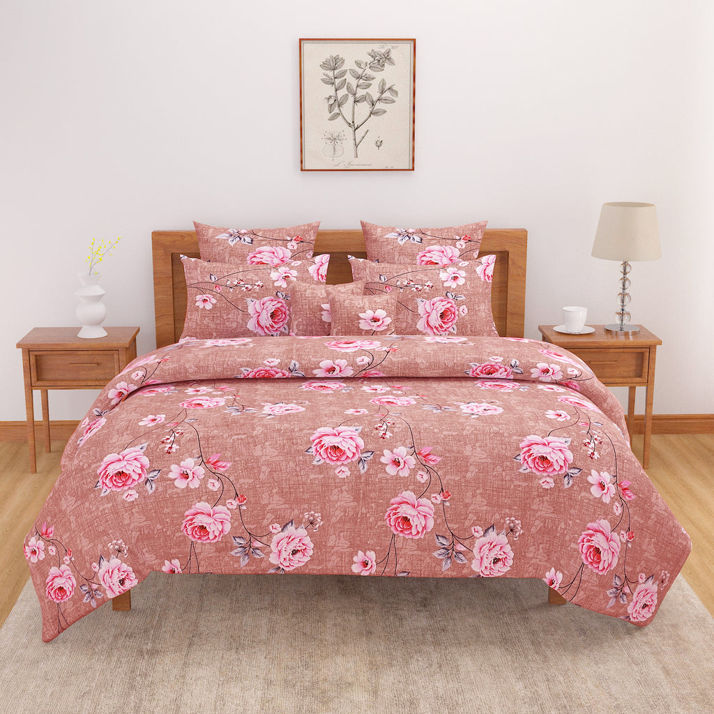 Rosy Blush Charm Double Queen Bedsheet - Soft Pink Floral Elegance for Cozy Bedrooms