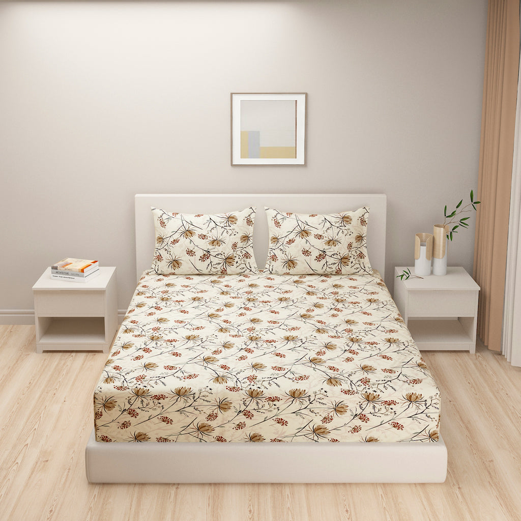 Elegant Meadow Bloom Double Queen Bedsheet - Soft Beige Base with Delicate Floral Vines