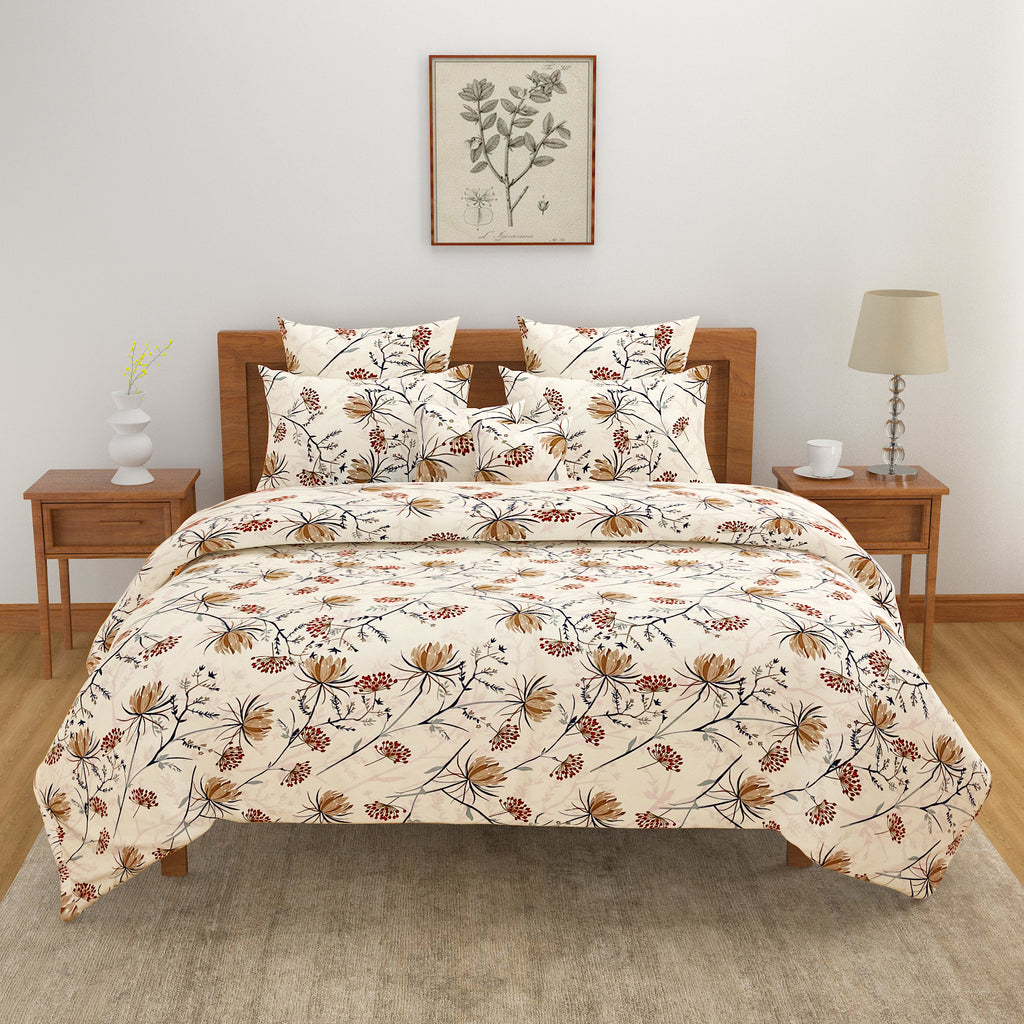 Elegant Meadow Bloom Double Queen Bedsheet - Soft Beige Base with Delicate Floral Vines