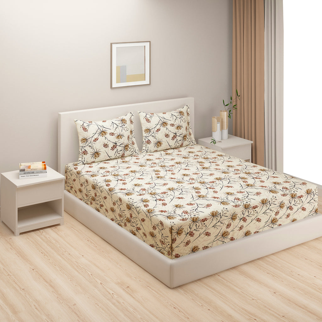 Elegant Meadow Bloom Double Queen Bedsheet - Soft Beige Base with Delicate Floral Vines