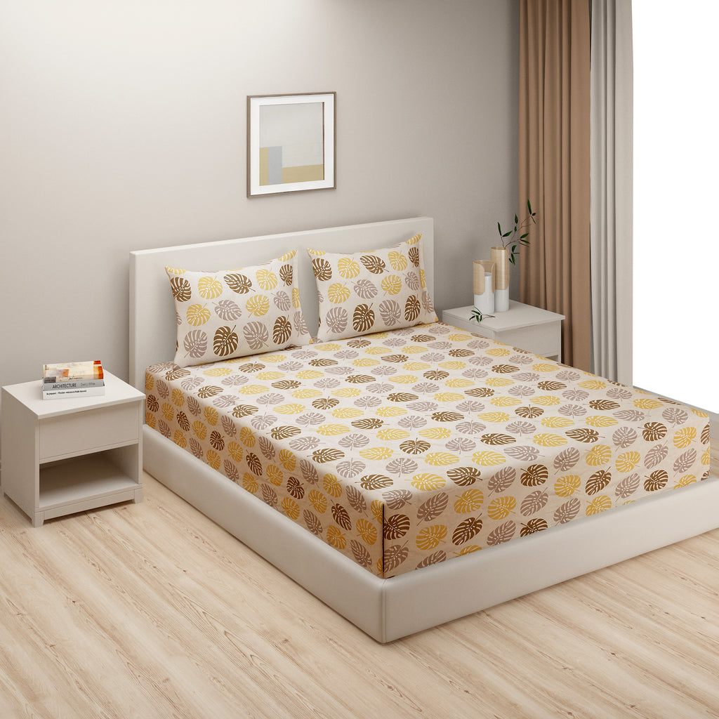 Warm Leaf Harmony Double Queen Bedsheet - Soft Comfort with Yellow & Brown Botanical Print