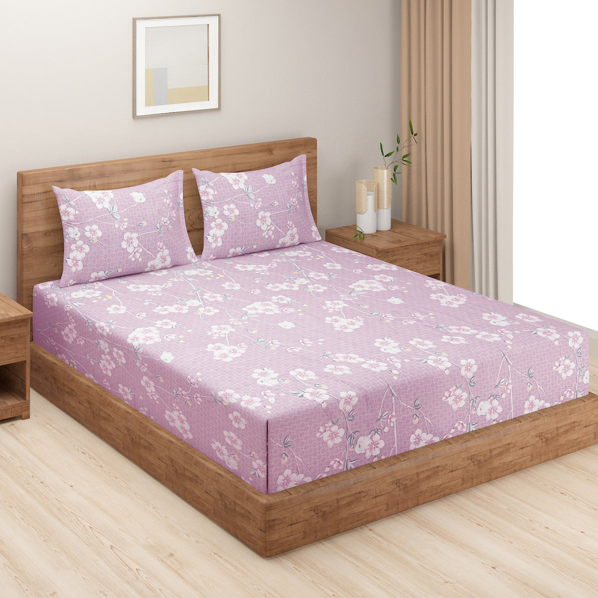 Pink Blossom Trails 140 TC Polyester Bedsheet Set with Pillow Cover