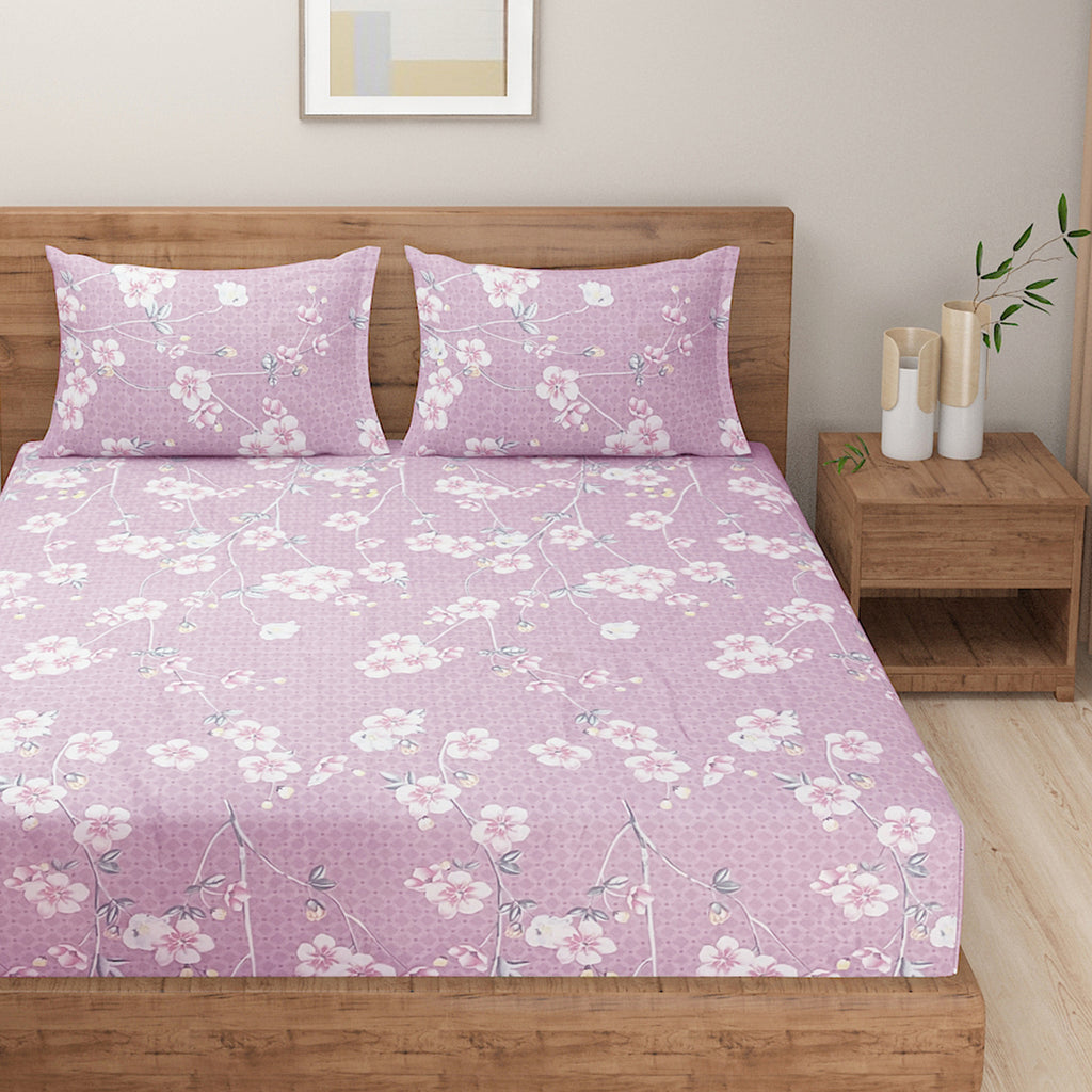 Pink Blossom Trails 140 TC Polyester Bedsheet Set with Pillow Cover