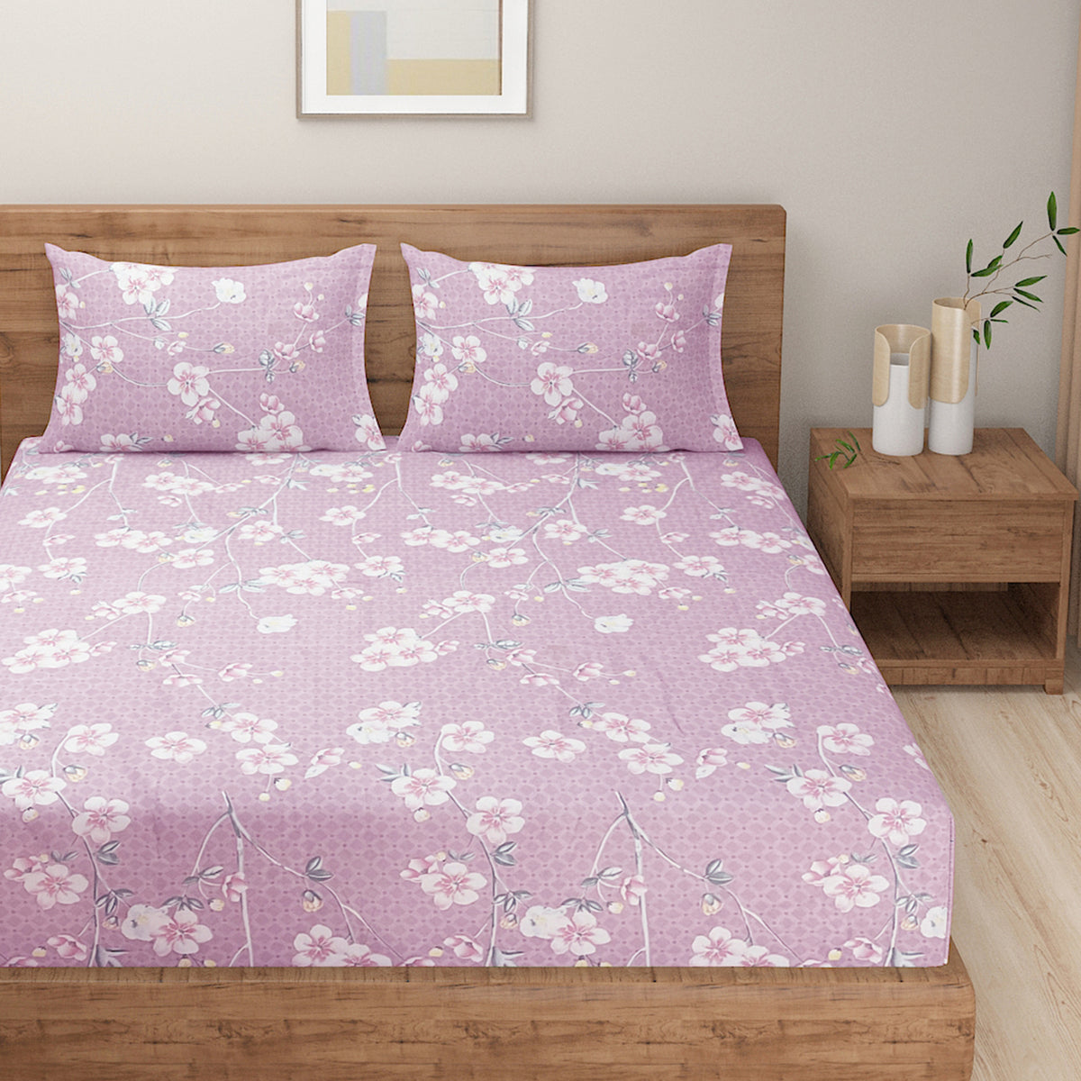 Pink Blossom Trails 140 TC Polyester Bedsheet Set with Pillow Cover