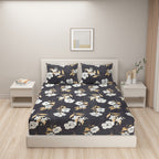 Charcoal Bloom Elegance Double Queen Bedsheet - Soft Fabric with White & Gold Floral Print
