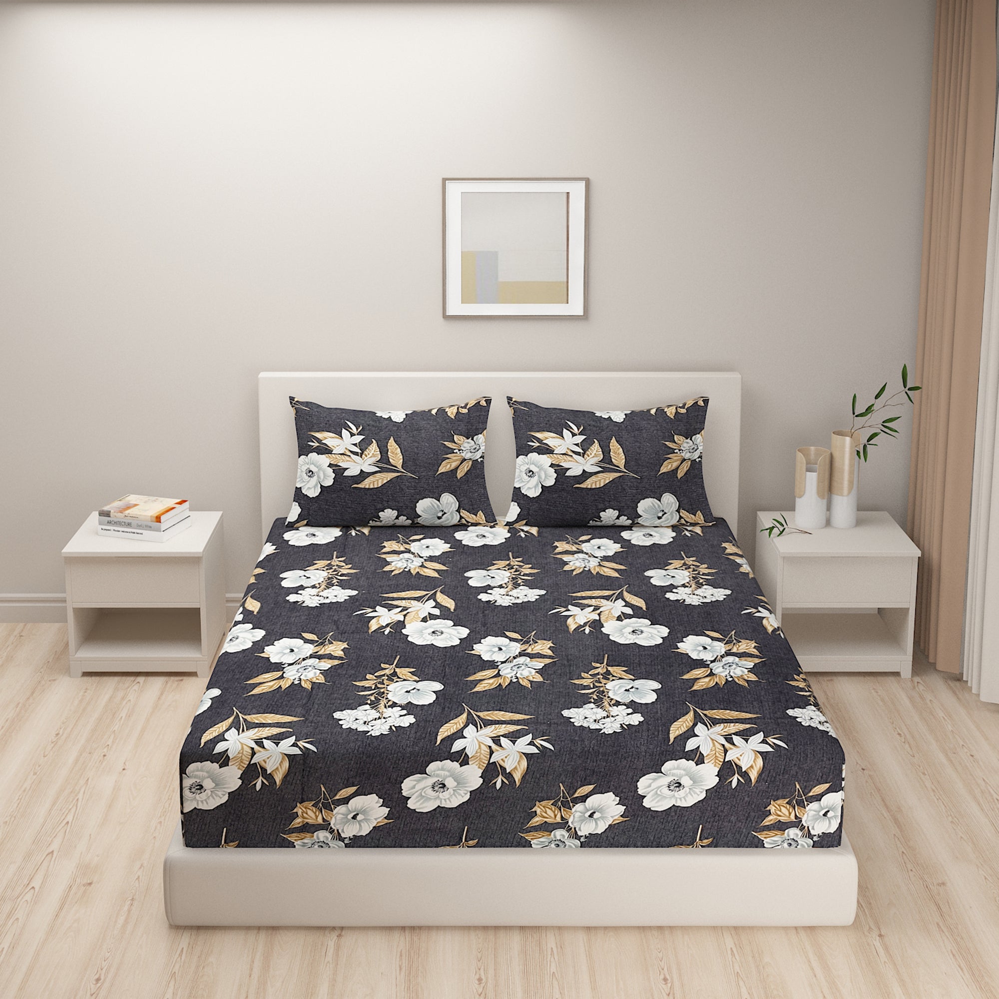 Charcoal Bloom Elegance Double Queen Bedsheet - Soft Fabric with White & Gold Floral Print