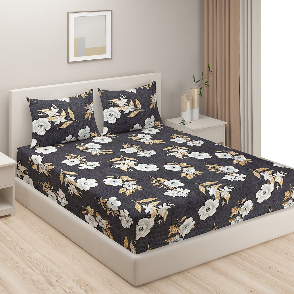 Charcoal Bloom Elegance Double Queen Bedsheet - Soft Fabric with White & Gold Floral Print