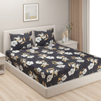 Charcoal Bloom Elegance Double Queen Bedsheet - Soft Fabric with White & Gold Floral Print