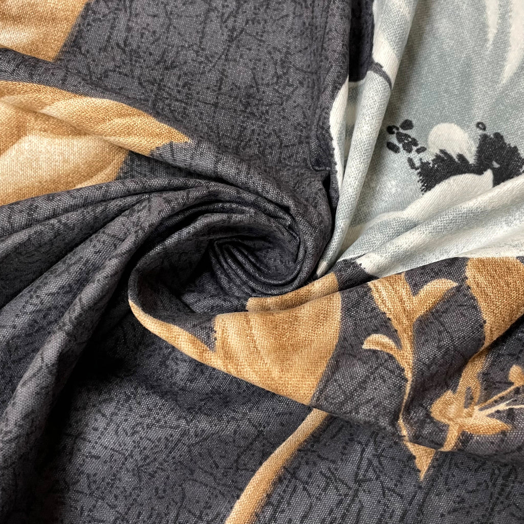 Charcoal Bloom Elegance Double Queen Bedsheet - Soft Fabric with White & Gold Floral Print