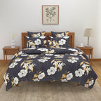 Charcoal Bloom Elegance Double Queen Bedsheet - Soft Fabric with White & Gold Floral Print