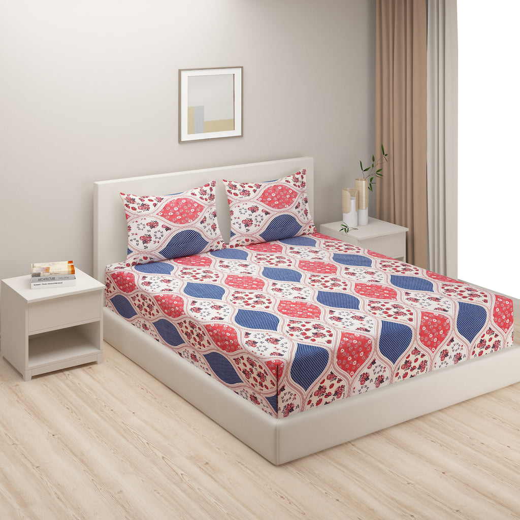 Bold Red & Blue Arch Floral Double Queen Bedsheet - Soft Cotton Feel, Vibrant Printed Design