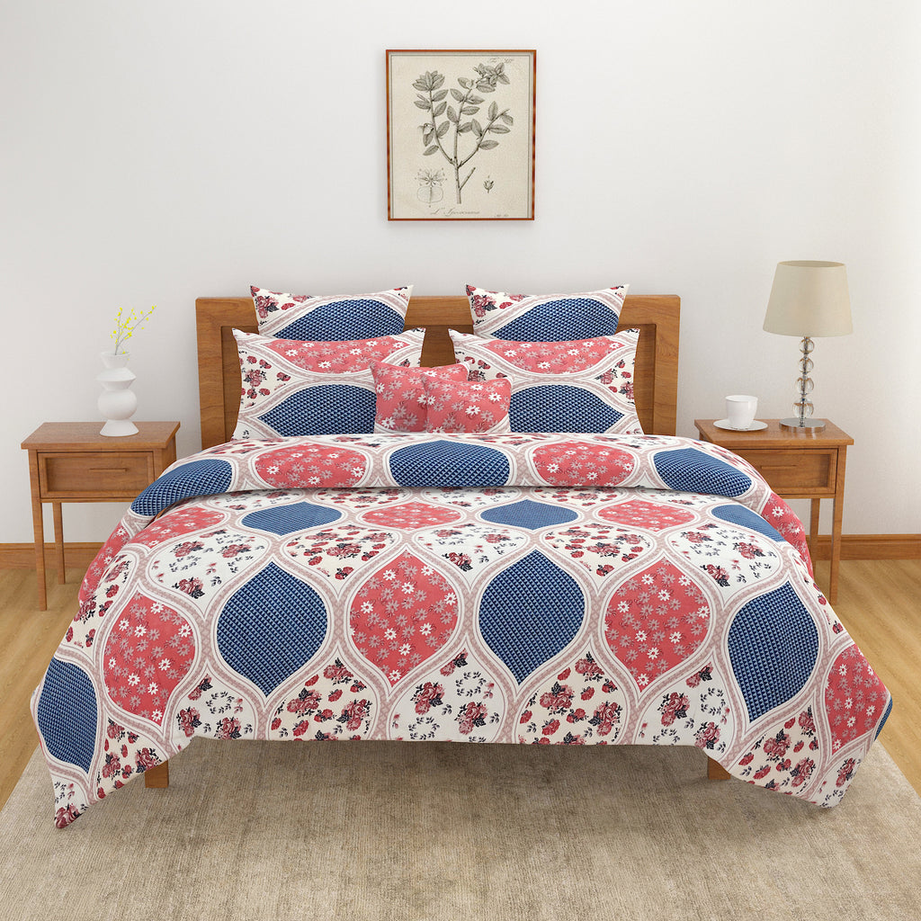 Bold Red & Blue Arch Floral Double Queen Bedsheet - Soft Cotton Feel, Vibrant Printed Design