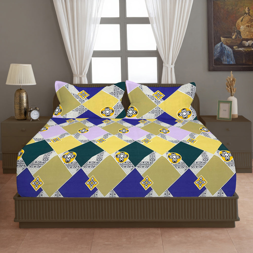 Mustard Yellow Geometric Printed Microfiber Double Queen Bedsheet with Pillow cover