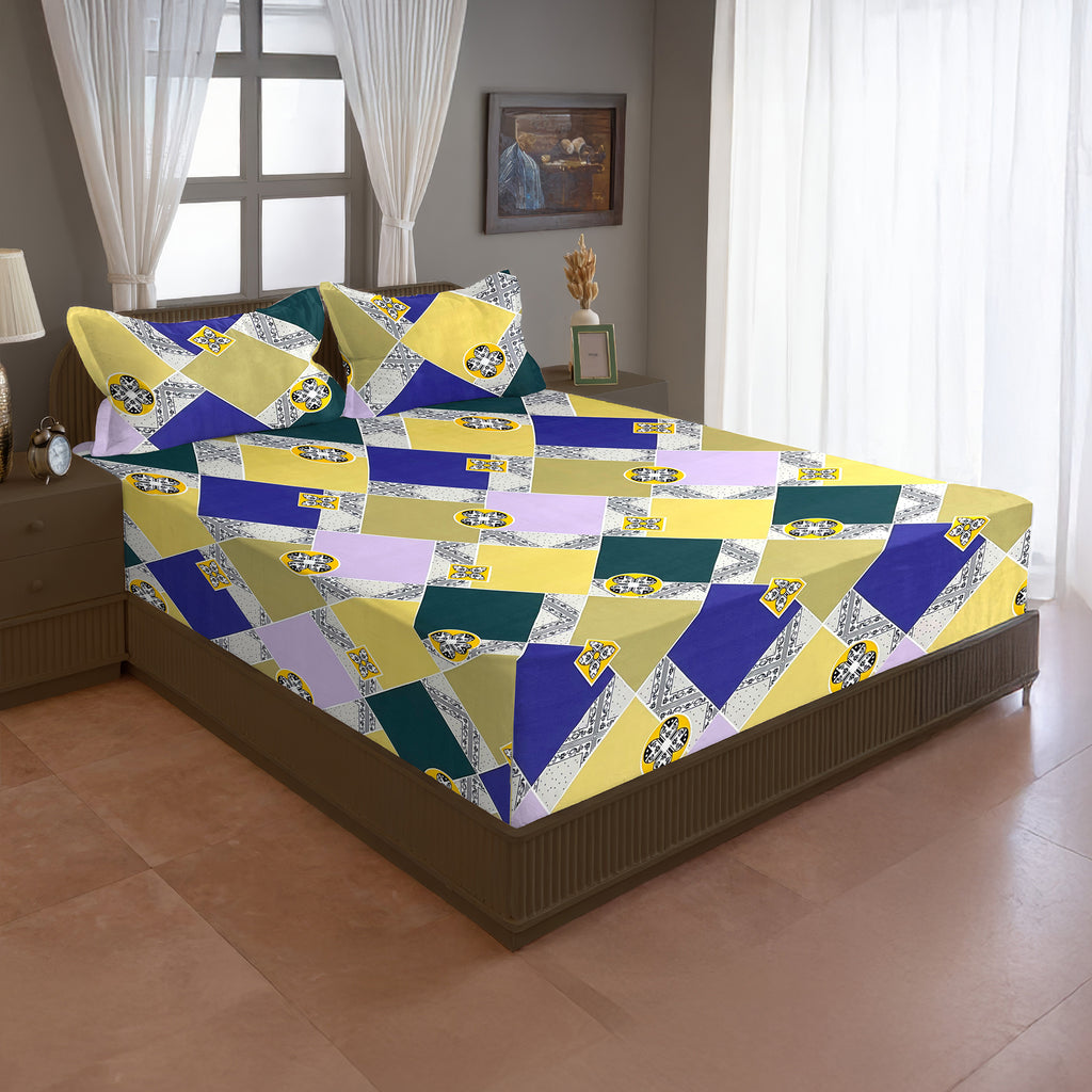 Mustard Yellow Geometric Printed Microfiber Double Queen Bedsheet with Pillow cover