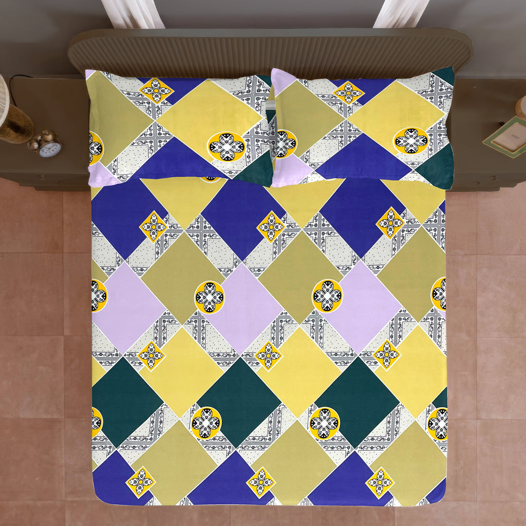Mustard Yellow Geometric Printed Microfiber Double Queen Bedsheet with Pillow cover